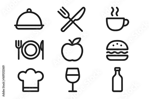 Food icon set. Minimalist line icons for restaurant and dining. Vector symbol collection for cooking, kitchen, cafe menu. Chef, burger, drink, wine, coffee illustration.