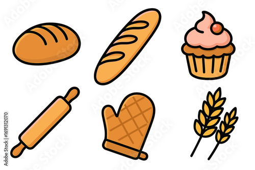 Baking icons set with bread, baguette, cupcake, rolling pin, oven mitt, and wheat. Vector cartoon illustration for bakery, kitchen, and cooking concepts. Isolated food graphics.