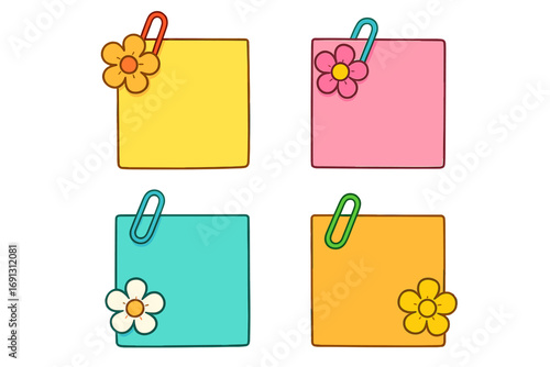 Set of cute colorful sticky notes with flowers and paper clips. Vector cartoon illustration for office, school, or planner. Blank memo paper for reminders and messages.