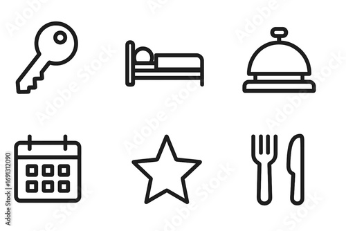 Hotel service icon set. Minimalist line art collection for hospitality industry. Symbols for key, bed, reception bell, booking calendar, star rating, and restaurant dining.
