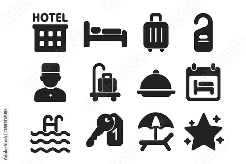 Hotel services solid icon set. Accommodation and travel pictograms. Hospitality amenities glyph collection for booking, reservation, vacation, resort. Vector illustration.