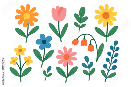 Flower collection vector illustration. Set of cute cartoon spring flowers and leaves. Floral design elements for kids, greeting cards, and patterns. Flat modern botanical art.