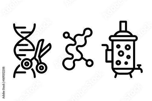 Biotechnology line icon set with gene editing, protein molecule, and bioreactor. Vector for genetic engineering, DNA modification, synthetic biology, and science concepts.