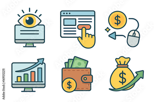 Set of essential advertising metrics icons. Impressions, CTR, CPC, conversion, budget, ROI for digital marketing success. Web analytics and finance symbols vector cartoon.