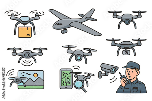 Drone technology vector icon set. Quadcopter for delivery, surveillance plane, aerial photography, and security control. Unmanned aerial vehicle UAV cartoon collection.