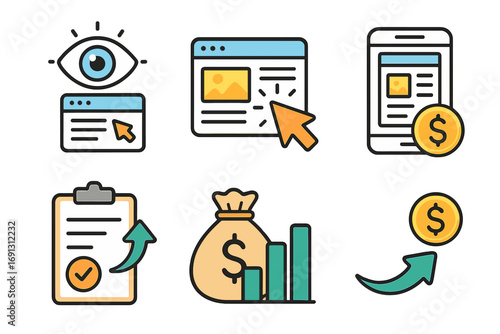 Essential advertising metrics for digital marketing success. Icons for impressions, ctr, cpc, conversion, budget, roi. Web analytics symbols. Performance indicators.