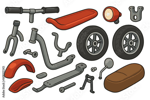Scooter parts set. Vector flat lay of moped components for repair or assembly. Motorcycle spare parts collection. Vintage custom bike build cartoon illustration. Knolling concept.