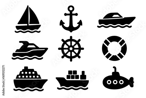 Marine transport silhouette icon set. Nautical boating symbols vector collection with sailboat, yacht, cruise and cargo ship, submarine, anchor, helm, and lifebuoy.