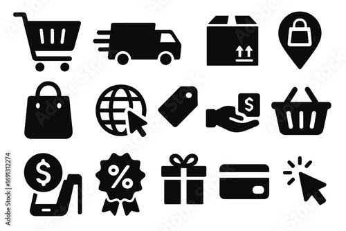 Essential e-commerce icon set. Black glyph symbols for online shopping, internet store, and retail. Vector collection of web pictograms for delivery, payment, and cart.