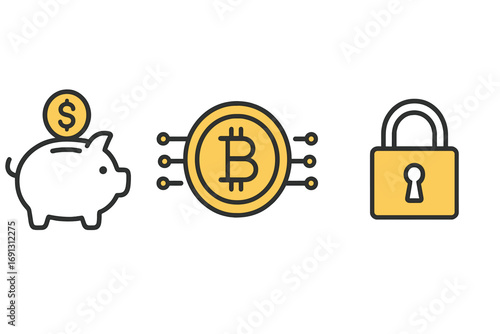 Finance and technology vector icon set. Piggy bank for savings and investment. Bitcoin for cryptocurrency and blockchain. Padlock for security, safety, and protection. Minimalist.