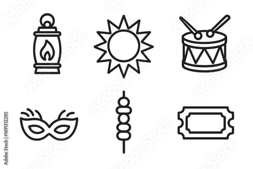 Carnival festival linear icon set. Vector symbols of lantern, sun, drum, mask, skewer, ticket. Isolated graphic elements for celebration, fair, party, entertainment design.