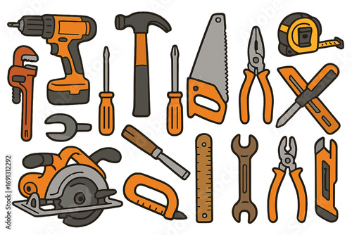 Set of construction and repair tools for home improvement and DIY projects. Vector cartoon icons of hammer, drill, saw, and wrench for handyman or carpenter workshop.