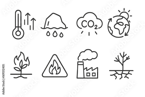 Climate change line icons. Global warming and environmental disaster symbols. Vector set with temperature rise, melting ice, CO2 emission, factory pollution, wildfire and drought.