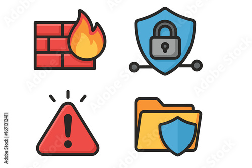 Cybersecurity vector icon set. Network security concepts including firewall, VPN shield lock, danger alert sign, and private data folder protection. Flat cartoon illustrations.