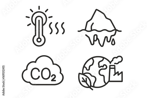 Climate change icon set. Global warming, melting iceberg, CO2 cloud, factory pollution. Ecology, environment, temperature rise. Planet earth disaster vector linear icons.