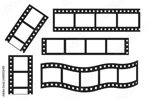 Set of film strips in various shapes. Blank photo frames for creative projects. Movie reel border. Retro cinema negative celluloid. Photography and video vector elements.