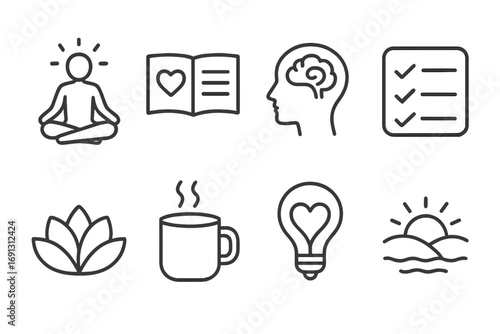 Mindfulness and journaling icon set. Minimalist vector icons for meditation, self-care, mental health, gratitude, and well-being. Yoga, inspiration, organization symbols.