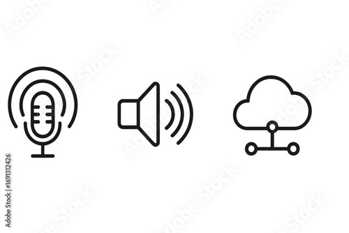 Minimalist outline icons for podcast, sound, and cloud connectivity. Vector icon set for streaming, broadcasting, audio recording, data storage, and network technology concepts.