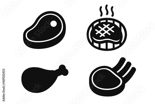 Meat and steak silhouette icon set. Grilled cooking icons in bold glyph style. Vector illustration for barbecue, butcher shop, and restaurant menu. Beef, pork, lamb, chicken.