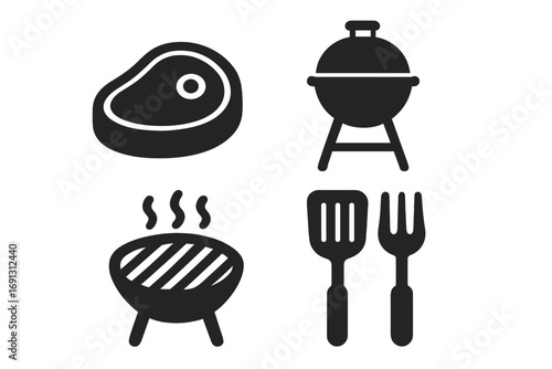 Meat and grill solid icon set. Steak, bbq, cooking symbols collection. Vector barbecue glyphs for chefs. Food, cookout, picnic, charcoal grill, kitchen tools illustration.