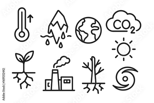 Climate change vector icon set. Global warming, temperature rise, melting glaciers, CO2 emissions, pollution, deforestation. Linear icons for ecology & environmental concepts.