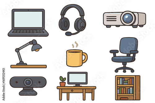 Remote work & home office icon set. Collection of workspace equipment. Laptop, desk, chair, headset, webcam, projector, lamp for freelance business & online communication.