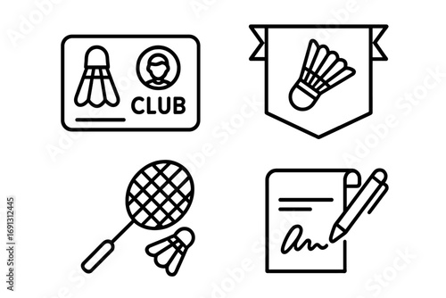 Badminton sport outline icon set. Vector linear collection of club membership card, fan banner, racket, shuttlecock and player autograph signature. Sport community symbols.