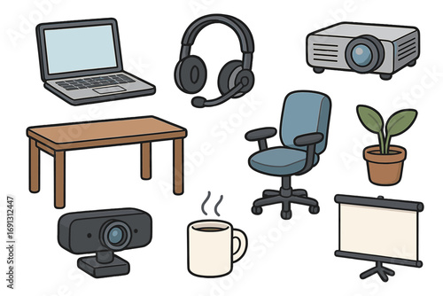 Set of home office and remote work essentials. Vector cartoon illustration of business equipment: laptop, headset, projector, screen, chair, desk, webcam, and coffee cup.