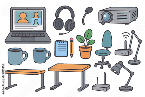 Remote work and home office equipment set. Vector icons for telecommuting, online meetings, and freelance business. Laptop, desk, chair, headset and projector cartoon style.