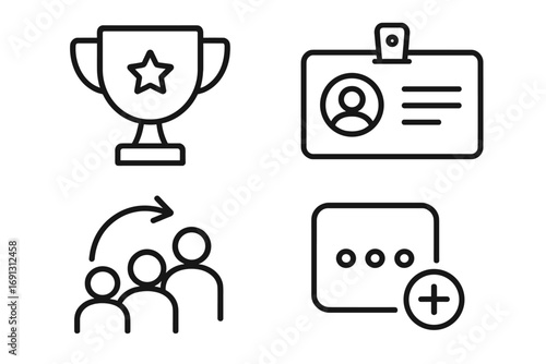 User interface line icon set for rewards program and customer loyalty. Vector icons for membership ID, referral marketing, user achievement trophy, and adding new content.