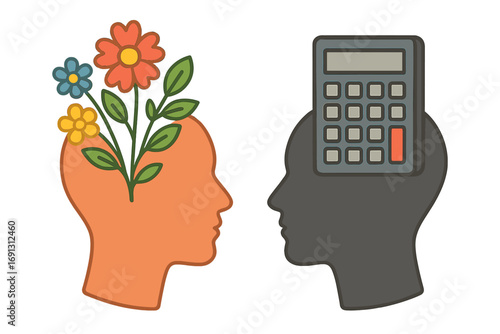 Creative vs logical mind concept. Left and right brain metaphor. Two head silhouettes, one with flowers for nature and emotion, one with a calculator for technology and logic.