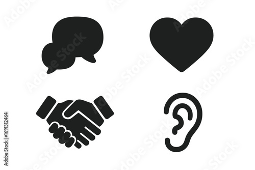 Communication icon set for soft skills. Empathy, listening, and understanding concept. Speech bubble, heart, handshake, and ear symbols. Business partnership and agreement.