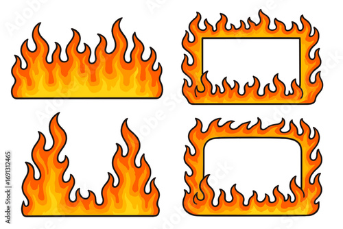 Flame border and fire frame set. Vector cartoon illustration of fiery burning decorative elements for graphic design projects. Hot blaze banner design elements collection.