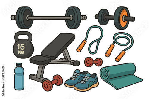 Fitness equipment for gym and home workout. Vector cartoon set. Barbell, dumbbell, kettlebell, bench, jump rope, mat. Strength training, bodybuilding, healthy lifestyle.