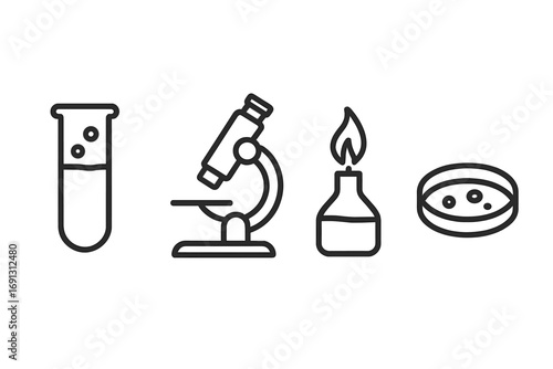 Science and chemistry lab icon set. Vector line art of test tube, microscope, bunsen burner, and petri dish. Biology research, medical experiment, education symbols.