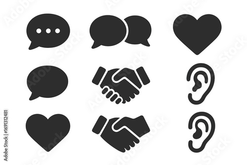 Communication solid glyph icon set. Vector icons for dialogue, chat, empathy, listening, and agreement. Speech bubble, heart, handshake, ear symbols. Flat design UI elements.