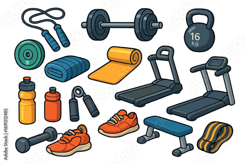 Big set of fitness equipment and accessories for home or gym workout. Vector cartoon illustration of dumbbell, treadmill, kettlebell. Sport, health, and exercise concept.