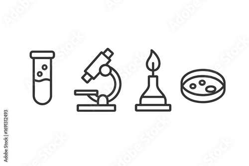 Science and chemistry line icon set. Vector illustration of lab equipment for research. Test tube, microscope, bunsen burner and petri dish. Minimalist symbols for biology.