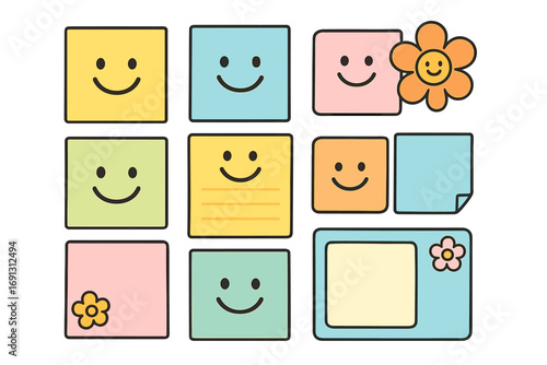 Cute cartoon sticky notes set with smiling faces and flowers. Vector illustration collection of colorful memo pads for planner, scrapbook, or reminders. Kawaii design elements.