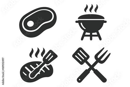 Barbecue and grill solid glyph icon set. Beef steak, bbq cooking, and chef tool symbols. Vector illustration for grilling party, restaurant menu, steakhouse, or butcher shop.