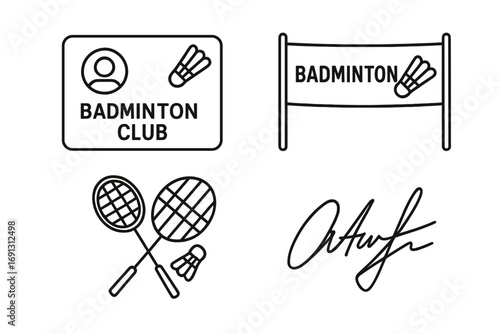 Badminton sport outline icon set. Vector graphic elements for club membership card, fan banner, crossed rackets, shuttlecock, and champion autograph signature illustration.