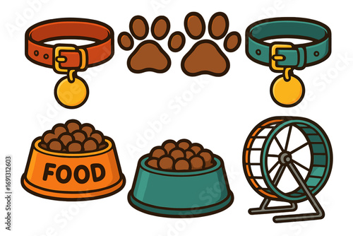 Pet supplies vector illustration set. Dog and cat accessories collection with collar, paw print, food bowl. Hamster rodent equipment like exercise wheel. Pet shop icons.