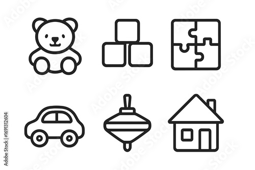 Minimalist toy icons set with bear, blocks, puzzle, car, top, house. Simple line art vector collection. Childhood playtime symbols for web, app, print design. Outline.