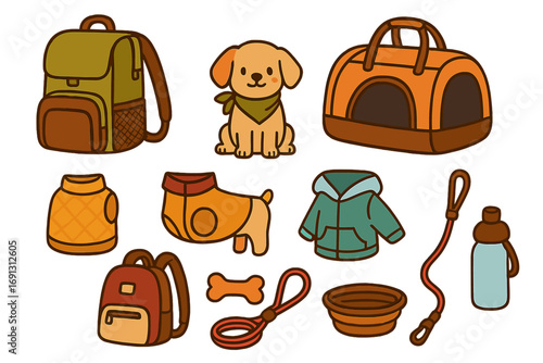 Pet travel essentials icon set for adventure seekers. Cute cartoon dog with carrier, backpack, leash, clothes, and accessories for hiking. Vector illustration collection.