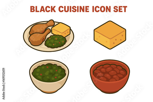 Soul food icon set with fried chicken, cornbread, collard greens, and baked beans. Isometric vector illustration of Black cuisine and southern cooking for menu design.
