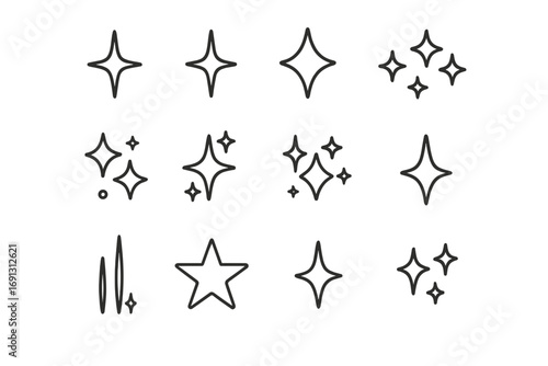 Sparkles and stars thin line icon collection. Glitter, shine, and twinkle effects. Magic light particles. Vector symbols for web, apps, cards. Editable stroke design elements.