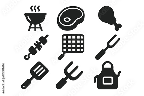 Grilling and BBQ solid icon set. Vector meat cooking silhouette elements. Barbecue food and kitchen tools. Steak, chicken drumstick, kebab, spatula, fork, apron glyph symbols.