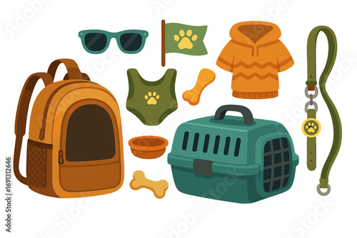 Pet travel essentials icon set for adventure seekers. Vector cartoon illustration with stylish carriers, pet outfits, leash, collar, and accessories for dog and cat lovers.