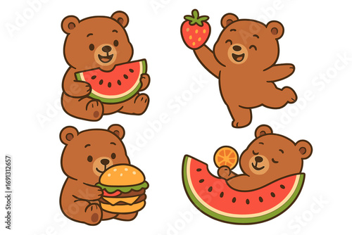 Cute bear cartoon character set. Kawaii teddy bears eating summer food. Playful mascot collection enjoying fruit, watermelon, strawberry and burger. Vector illustration isolated.