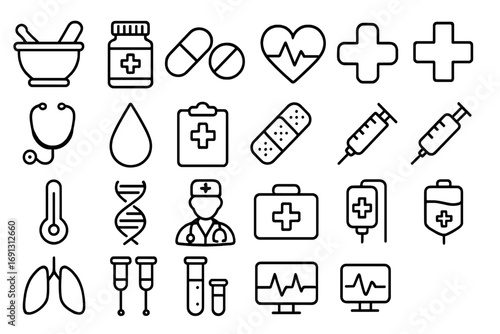 Medical line icon set. Health and pharmacy symbols. Vector collection for doctor, hospital, clinic, first aid, emergency, medicine, treatment, and laboratory science concept.
